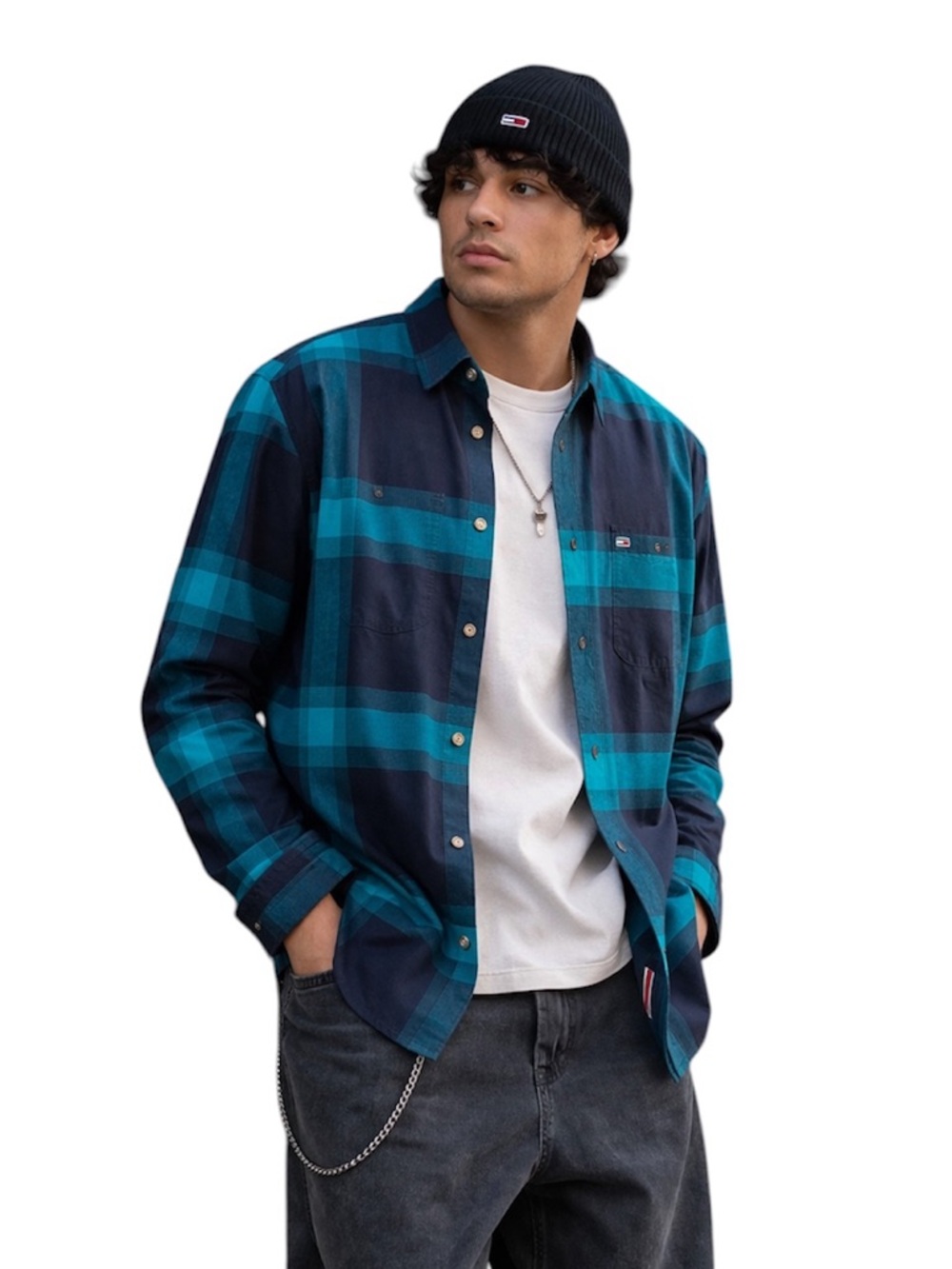 Tommy Jeans Plaid Flannel Shirt Relaxed Fit Size Large Teal Navy NWT